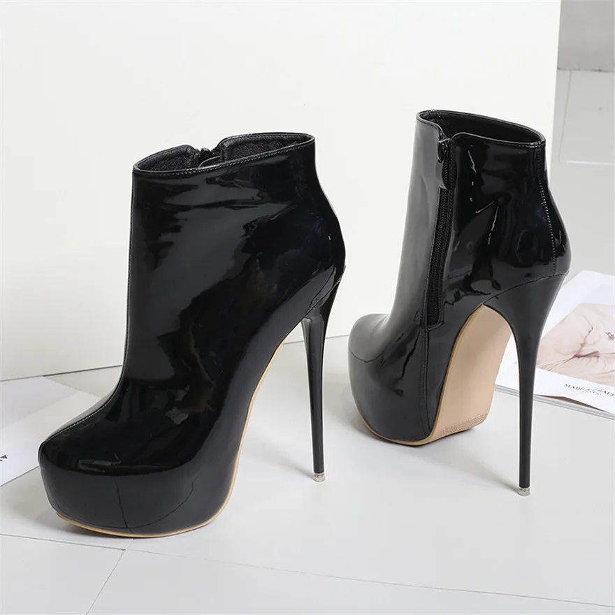 Big Size 35-47 Patent Leather Women Boots Round Toe Side Zipper Super High Heels 16CM Pumps 2024 Sexy Platform Party Shoes Woman