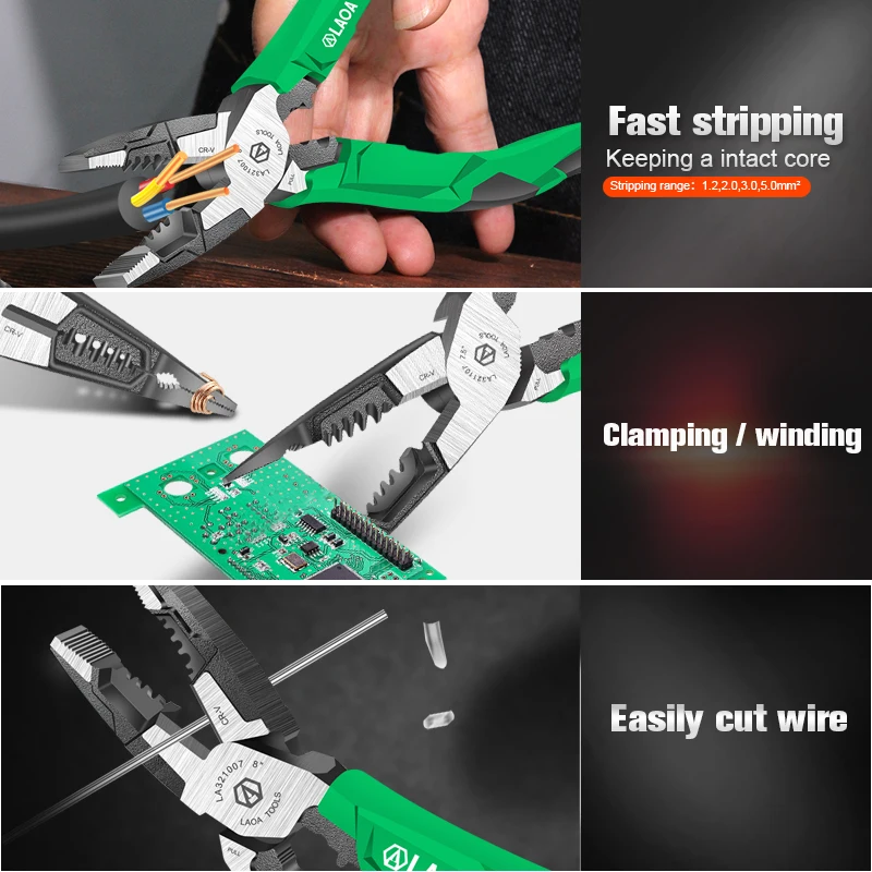 LAOA 3PCS Cr-V Steel Diagonal Pliers Universal Long Nose Pliers Electrician Nippers Wire Stripper Cable Cutter Terminal Crimper