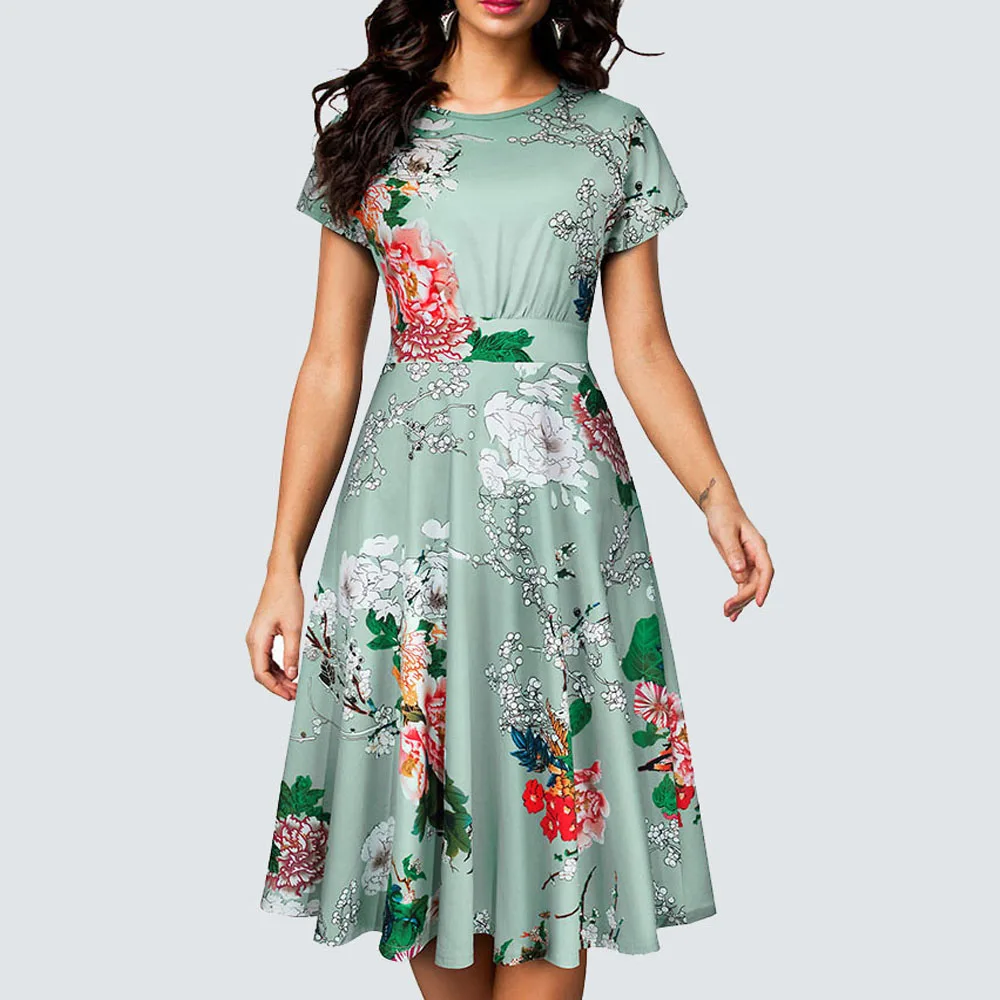 Vintage Women Floral Print Wiggle A-line Elegant Summer Pleated Party Dress HA102