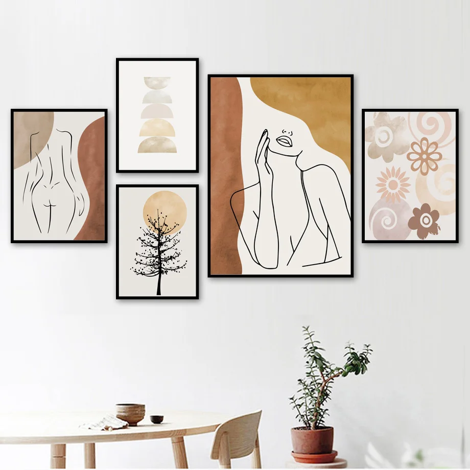 Girl Body Sun Tree Curve Abstract Retro Wall Art Canvas Painting Nordic Posters And Prints Wall Pictures For Living Room Decor