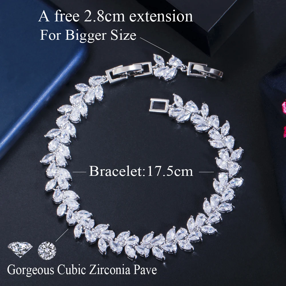 ThreeGraces Shiny Marquise Cut CZ Silver Color Leaf Shape Link Chain Bracelet Bangle for Brides Wedding Party Prom Jewelry BR155