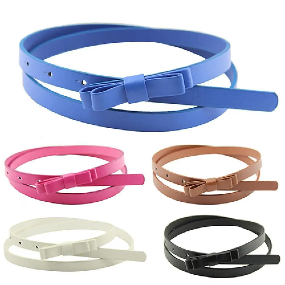 Women's Candy Color 2 Layers Bowknot Thin Narrow Belt PU Leather Waistband Strap