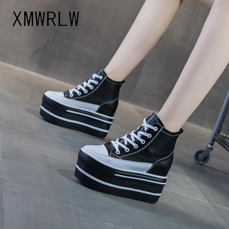 XMWRLW Sneakers alte da donna Sneakers Casual in pelle con lacci bianche/nere per donna primavera autunno scarpe Sneaker con tacchi alti