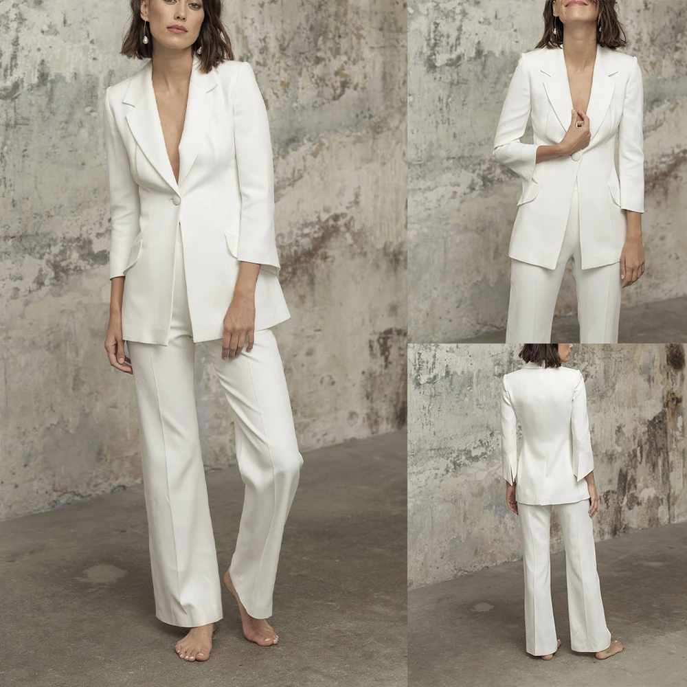 Classic Simple White Blazer Suits Loose One Button Pocket Wide Legs Pants Casual Daily Dress Custom Made 2 Pieces Set