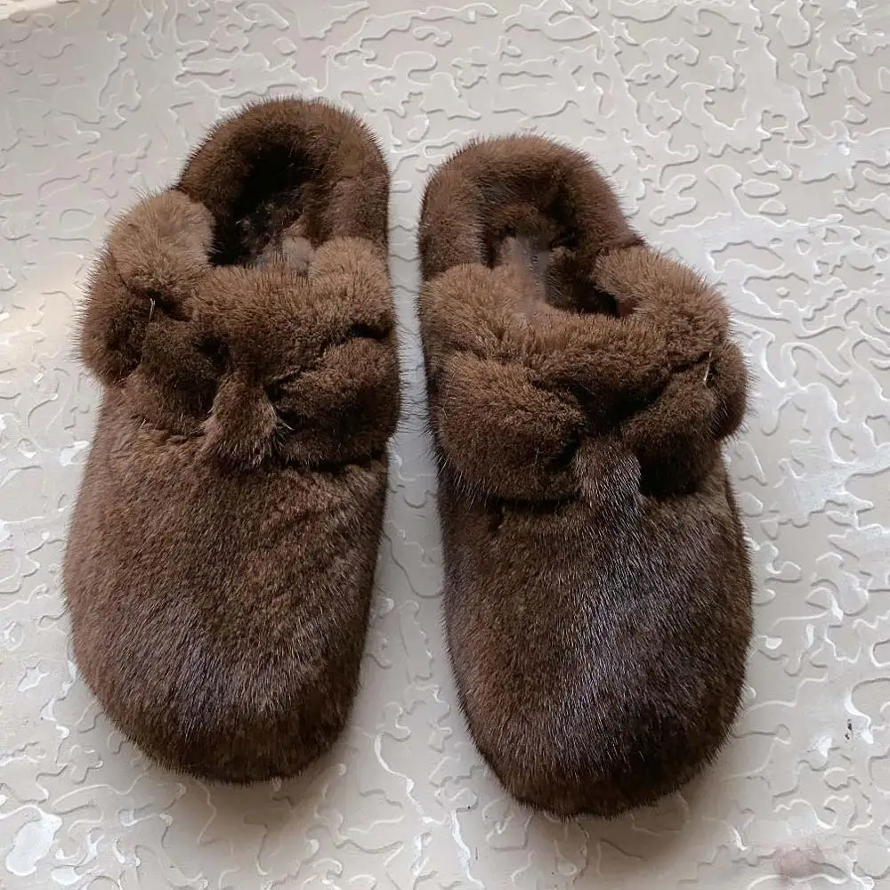 2022 The New Ladies Fur Slippers 100% Mink Fur Slippers Autumn And Winter Furry Flat Slippers Indoor Slippers Muller Slippers