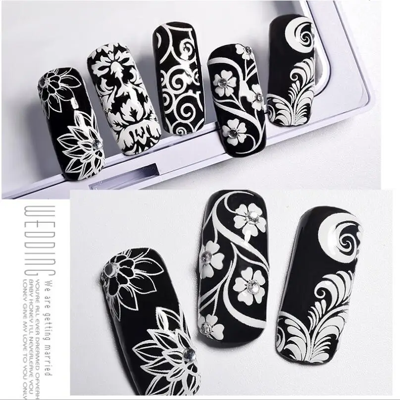 Black White Lace Flower Design Nail Stickers Water Transfer Decals Slider For Nails Art Decoration Wraps Tips T1617