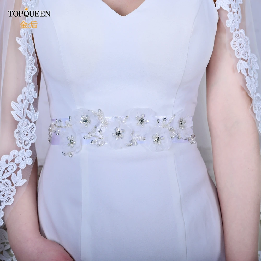 TOPQUEEN Braut-Hochzeitsgürtel, Applikationsgürtel mit Blumen, Brautaccessoires, Schärpe, weiße Blumengürtel für Damen, Taillengürtel S249-4