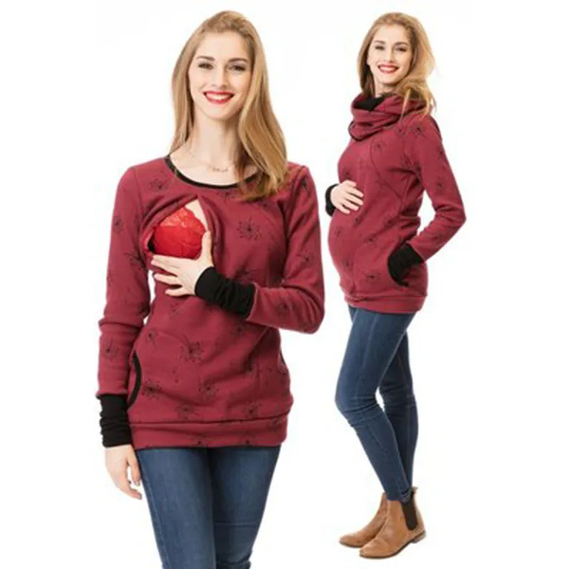 

New Maternity Clothes for Nursing Mothers Printed Round Neck Pregnancy Clothes Plus Velvet Thickening Bib Multifunctional Hoodie