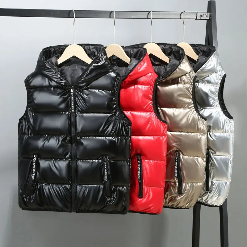 Winter Men Bright Vest Hooded Warm Thicken Waistcoat Cotton-Padded Solid Color Waterproof Male Streetwear Size 5XL 6XL