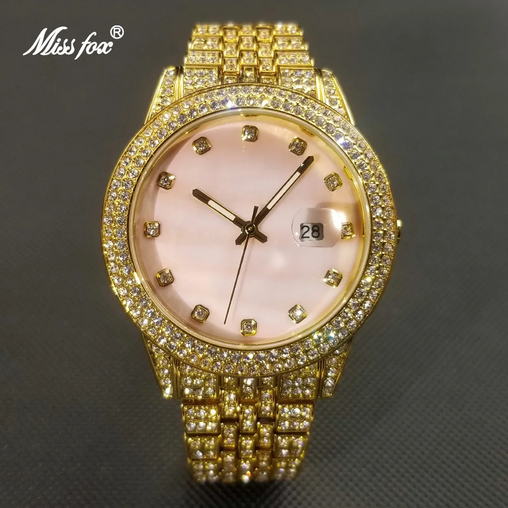 

MISSFOX Hip Hop Diamond Watch For Women Luxury Fashion Pink Dial Quartz Watch Lady Dress Iced Out Evening Dress Relogio Feminino