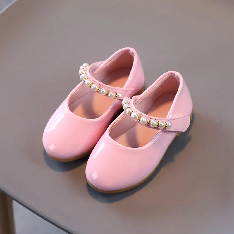 Cute Girls Leather Shoes New Spring Autumn Pearl Princess Shoes Children's Soft Bottom Black Pink Baby Performance Shoes G557