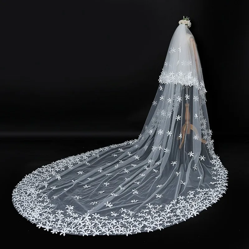 New Arrival Two Layers Ivory Bridal Veils Flower Appliques wedding veil Sexy Cathedral wedding accessories matrimonio