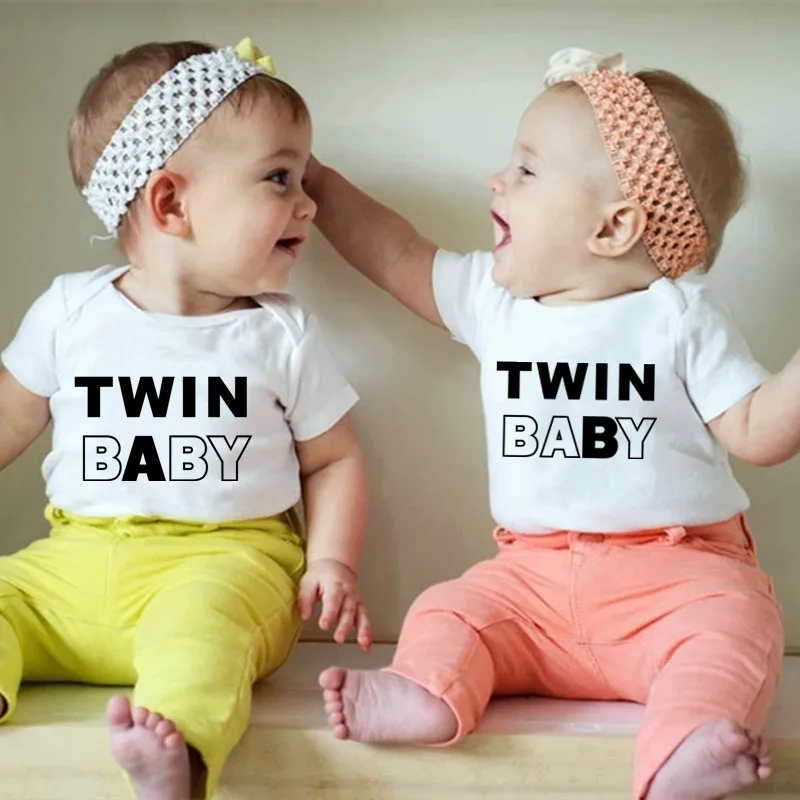 Funny Twin Baby A/B Baby Girls Boys Summer Cotton Short Sleeves Jumpsuit Twins Baby Bodysuits Unisex Clothes 0-24 Months