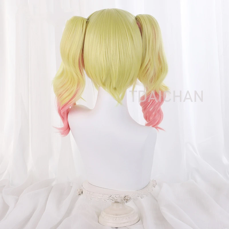 Anime mieruko-chan peruka Miko Yotsuya Yulia Cosplay 38cm żółty Gradient różowy podwójny kucyk grzywka włosy słodkie dziewczyny do odgrywania ról