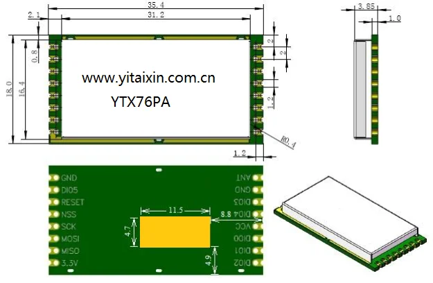 YTX76PA 868 \ 915mhz بوتنيسيا aprimorada مودولو دي ترانسيبتور رف لورا + 27 dbm بوتنيسيا دي سايدا 2 بيديد (FSK \ ASK \ OOK)o