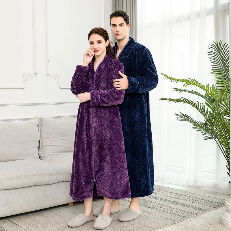 new zipper  velvet bathrobe Autumn&winter plus increase nightgown men women thickening pajamas flannel home service