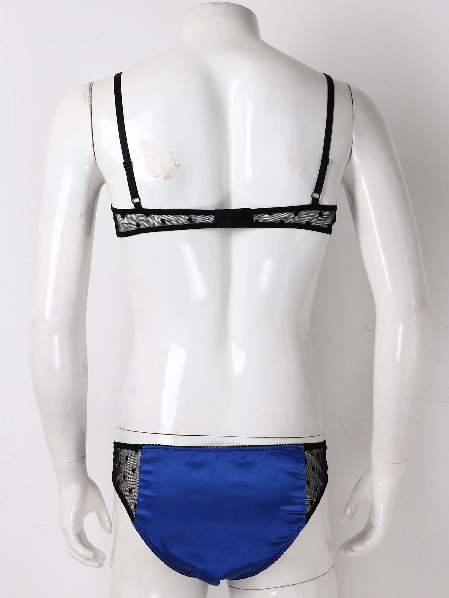 Mens Male Satin Lingerie Exotic Sets Sissy Nightwear Mesh Patchwork Spaghetti Strap Bra Tops with Briefs Thongs Clubwear Outfits