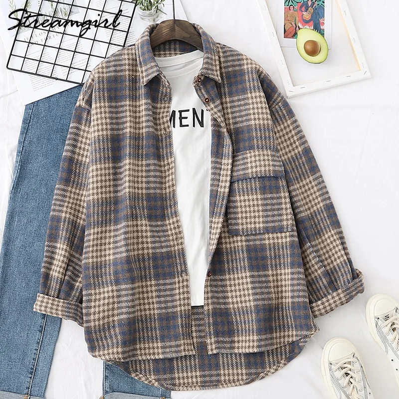 Women Woolen Plaid Shirt Oversize Women\'s Blouse Autumn 2023 Loose Thick Oversized Shirt Plaid Winter Warm Shirt Coat Woolen