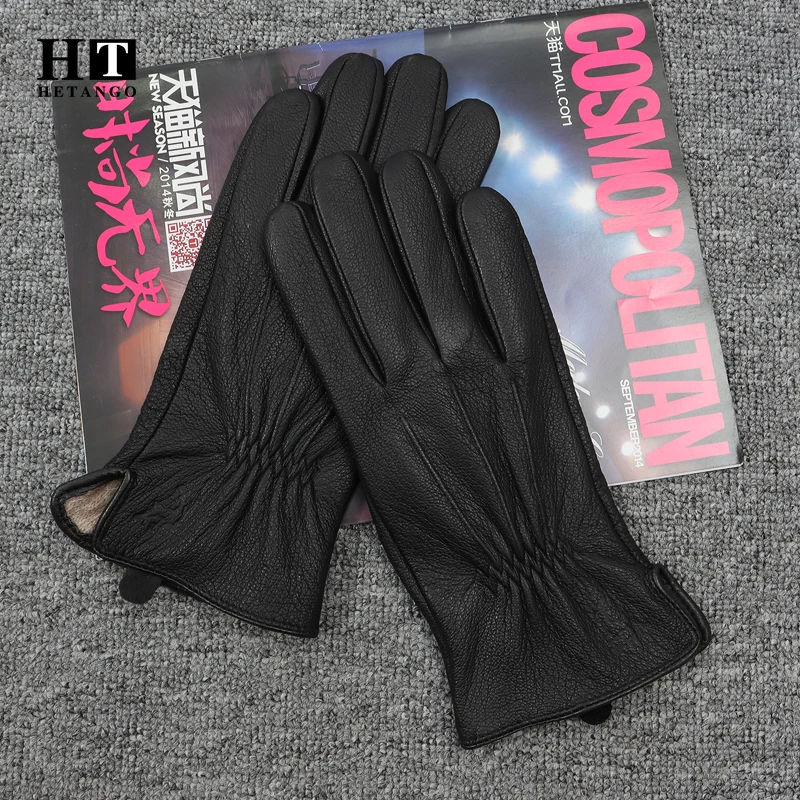 New Men\'s Winter Genuine Leather Gloves Outdoor Warmth Soft Classic Line Design Deerskin Mittens 70% Wool Lining Free Shipping