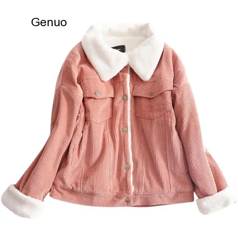 2020 New Winter Warm Fur Jeans Jacket Women Bomber Jacket Soft Corduroy Denim Jacket Female Coat Warm Lining & 4 Pockets Jacket