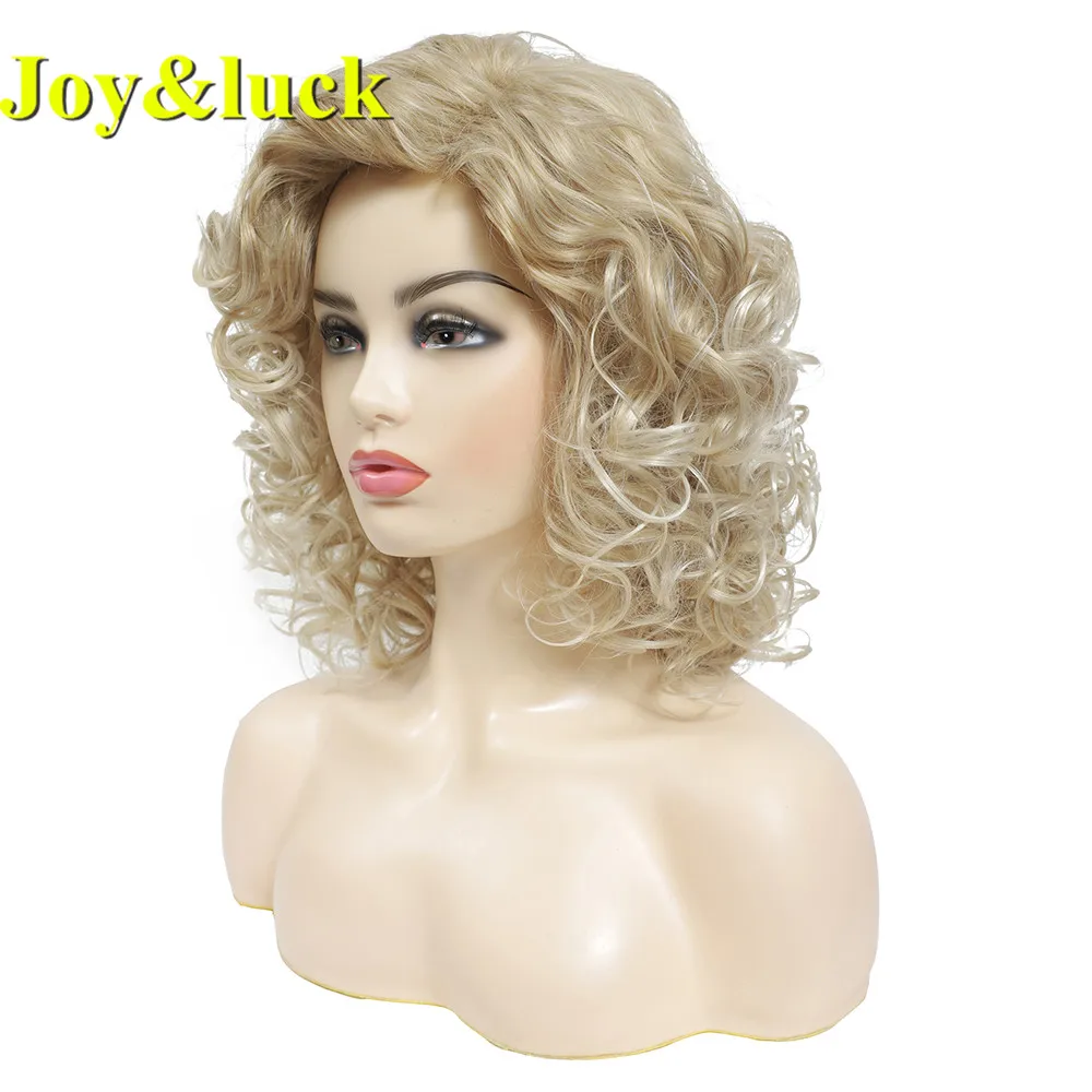 Joy&luck Short Curly Wig Synthetic Hair Wigs Gold Mix Blonde Color Women\'s Full Wig with Bangs Natural Daily Hair Style