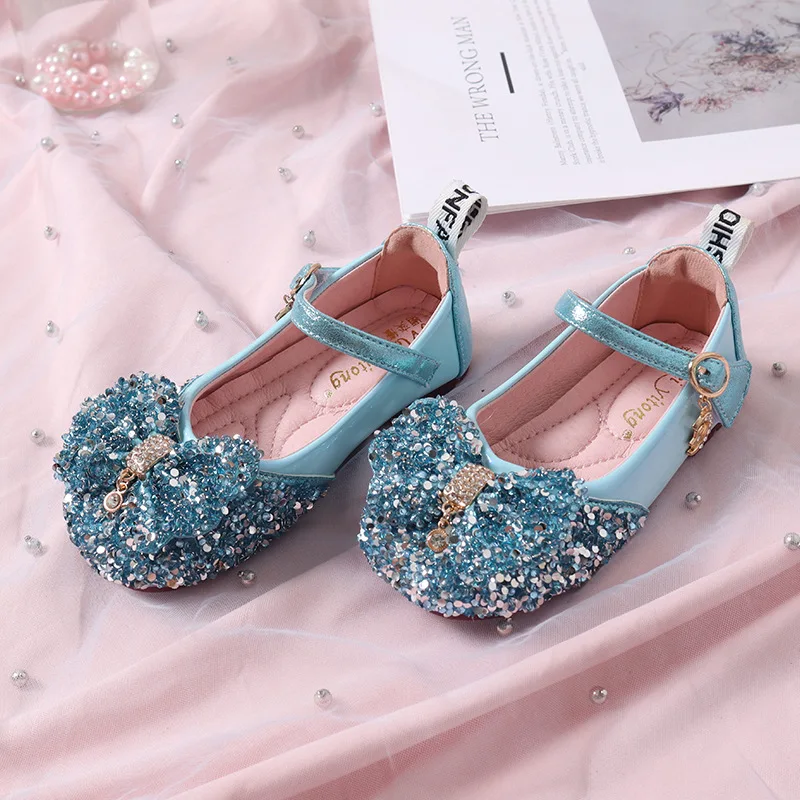 Princess Kids Leather Shoes Glitter Crystal Children High Heel Girls Butterfly Knot Catwalk Show Shoes Student Performance Shoes