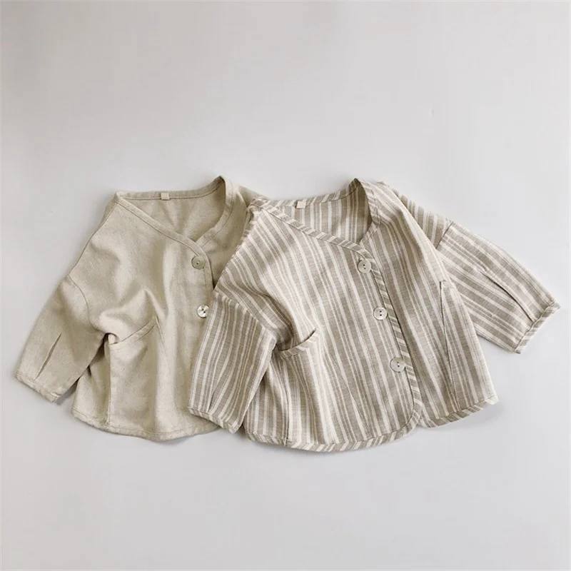 

Spring 2021 New Boys Girls Cotton Linen Long Sleeve Shirts Korean style Clothing Toddler Kids Casual Loose Shirts Coat