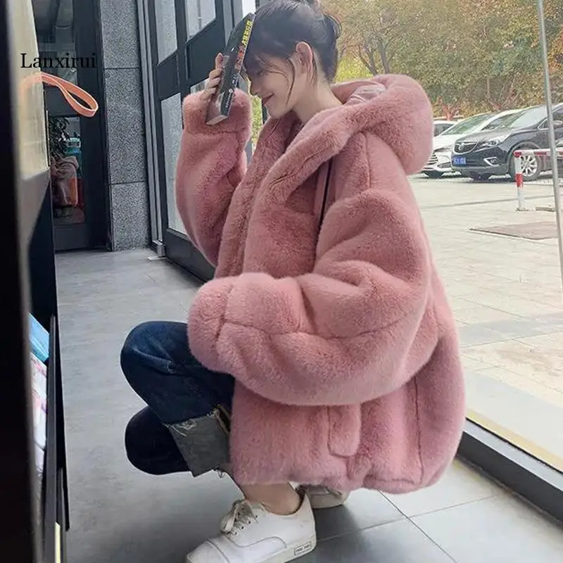 

autumn winter faux fur coat female rabbit fur hooded plush coat loose warm fur coat women