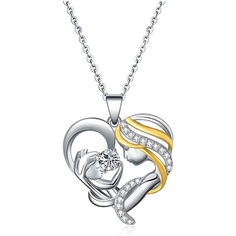 Silver Mom Pendant Necklace Zircon Mothers Birthday Jewelry Gifts