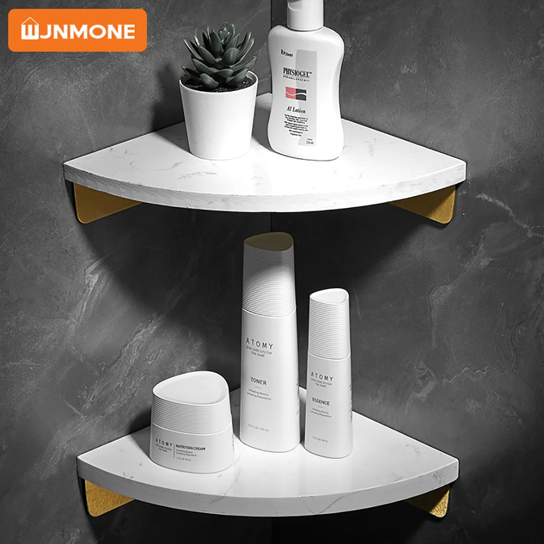 Marble Corner Shelf Wall Bathroom Mirror Front Cosmetic Storage Rack Metal Bathroom Shelf White Shower Shelf Bath Shampoo Holder