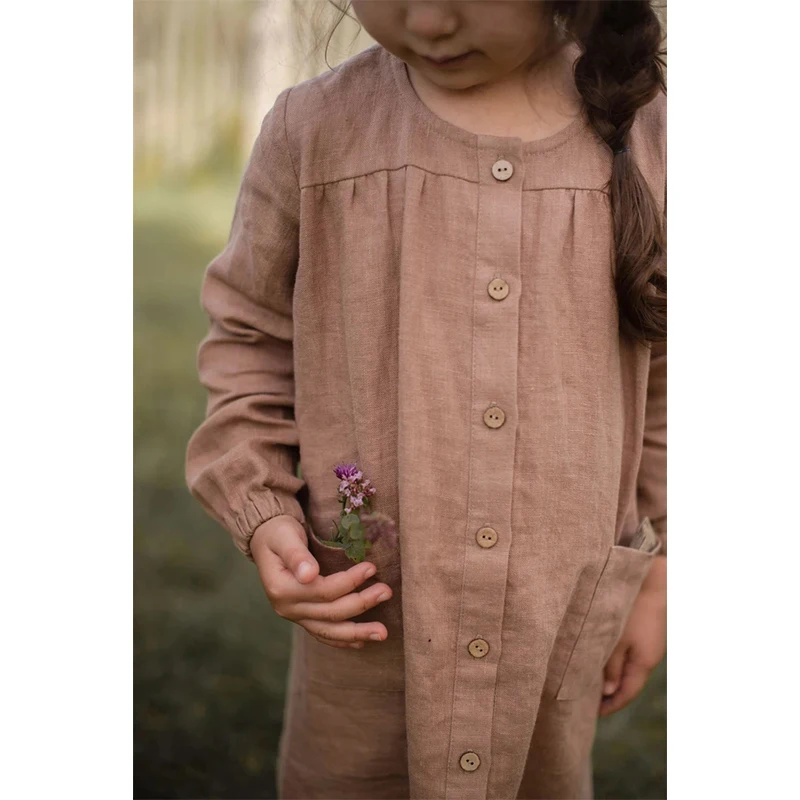 Girls Cotton And Linen Retro Long-Sleeved Dress 2024 Spring Autumn New Baby Girl Button Down Pocket Casual Linen Dresses TZ010