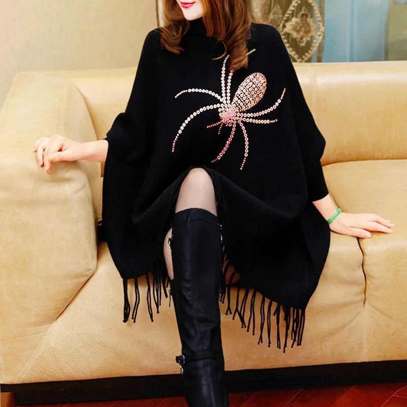 

Poncho Women Sweater Cape Pullover Winter Black Turtleneck Tassel Knitted Tops Jersey Mujer Ladies Diamonds Shawl Pull Cloak