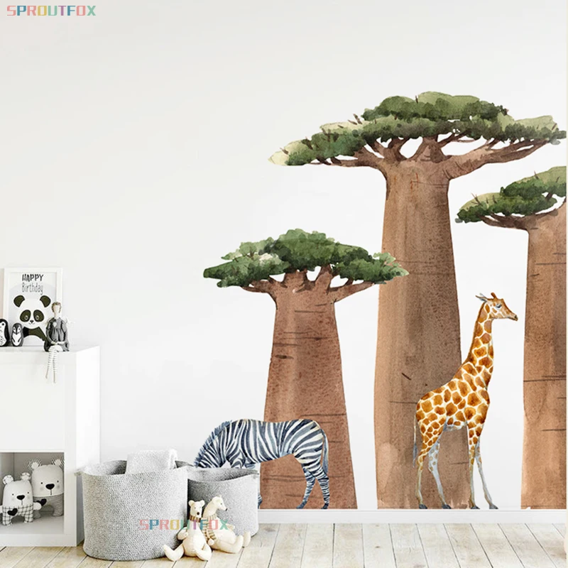 Huge Tree Green Forest Animal Zebra Giraffe Wall Stickers for Kids Rooms Baby Boys Room Nursery Home Decoration Cartoon Decals