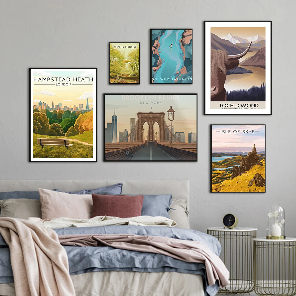 Manhattan Nueva York puente de Brooklyn cuadro sobre lienzo para pared carteles de viaje de ciudad e impresiones imágenes de bosque para decoración para sala de estar
