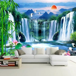 Custom 3D Cachoeira Papel De Parede, Lótus De Bambu, Mural De Paisagem, Sala De Estudo, Quarto De Fundo, Foto Pintura De Parede