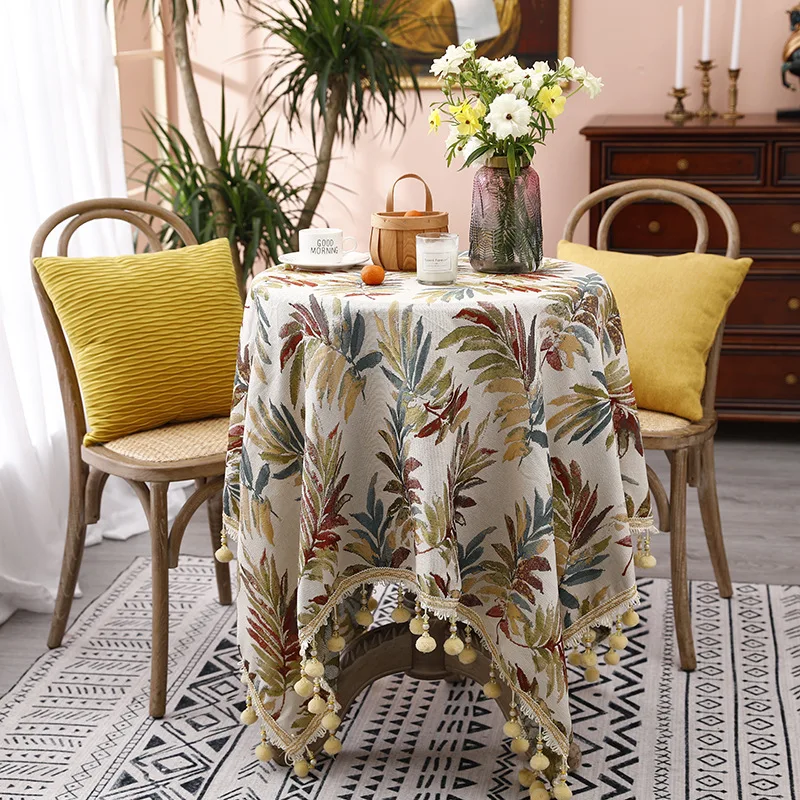 European Green Leaf Flower Luxury Jacquard Tablecloth With Tassel Wedding Birthday Party Round Table Cover Desk Cloth Home Decor