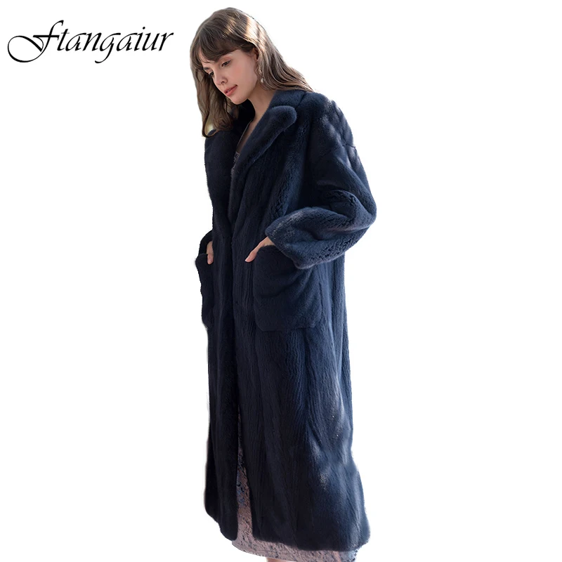 Ftangaiur Winter Import Crown Velvet Mink Fur Coat Pockets Turn-Down Collar Mink Coat Women X-Long Real Mink Fur Coats