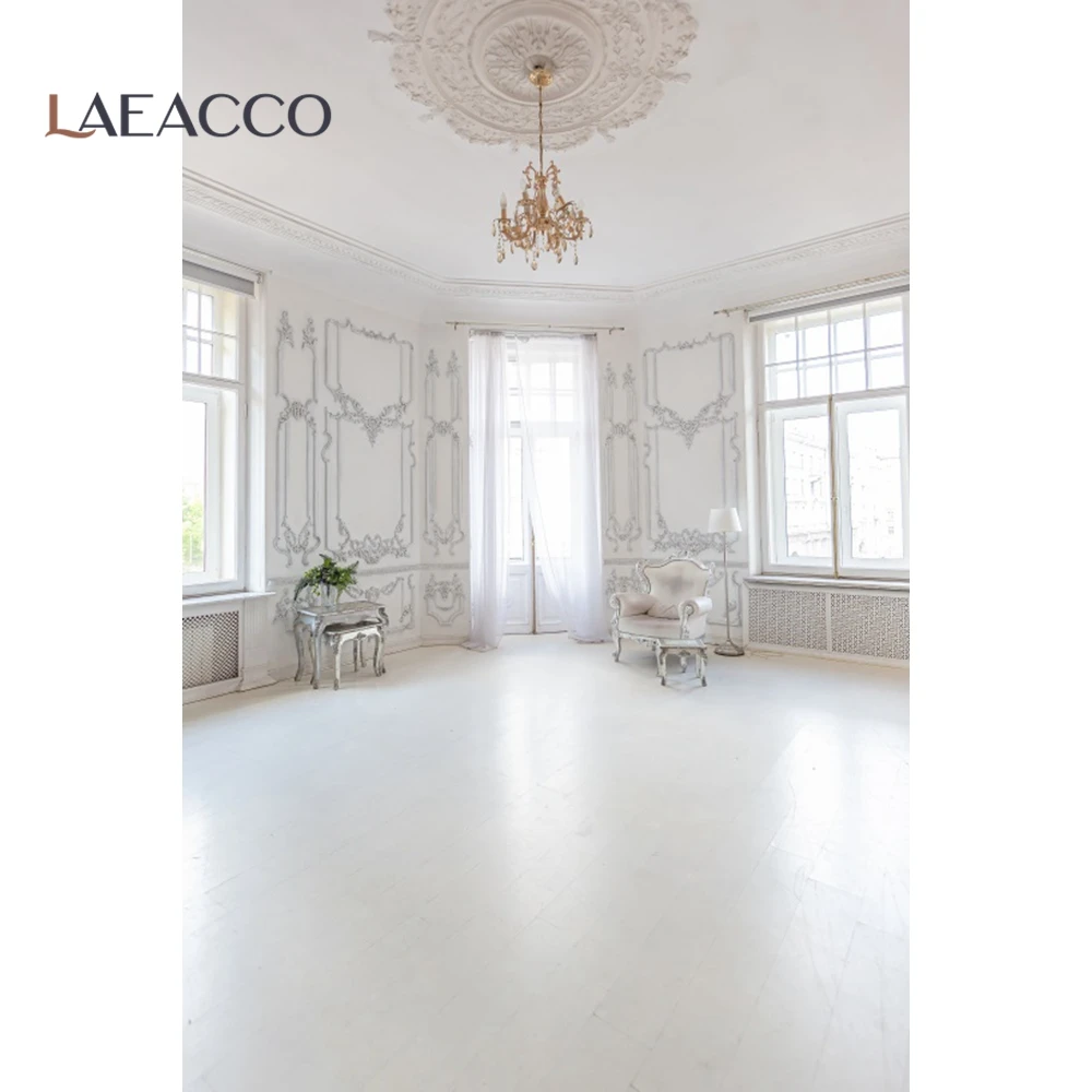 Laeacco French Window White Chic Wall Curtain Chandelier Sofa Leaves Portrait Photography Background Photo Backdrop Photo Studio