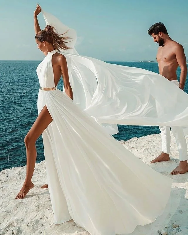 Vestidos De Noiva Beach Split Wedding Dress 2024 Sexy Backless A Line Ivory Chiffon Bridal Party Gowns High Neck Long