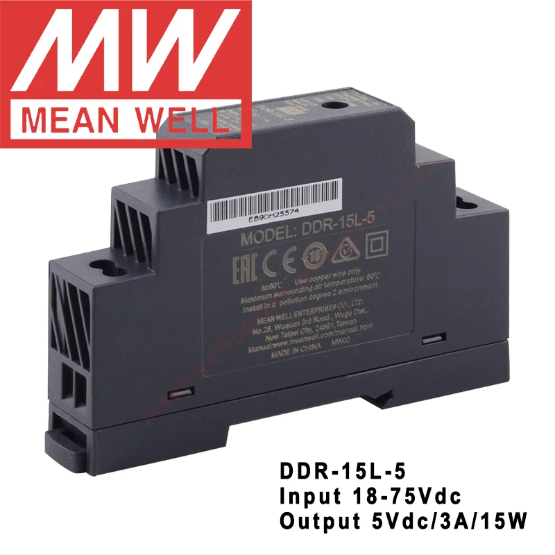 

Original Mean Well DDR-15L-5 Din Rail Type DC-DC Converter meanwell 5V/3A/15W DC to DC Power Supply 18-75Vdc input