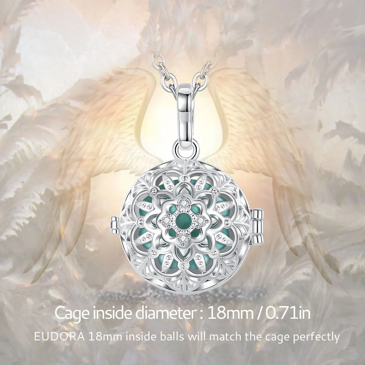 Eudora 18mm Harmony Ball Lotus Flower Cage Pendant Pregnancy Chime Bola Angel Caller Necklace Fashion Jewelry for Women gift