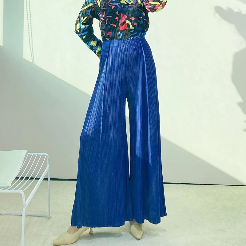 

Women high waisted pants Miyake Pleated Fashion Solid Loose plus size Spring/Autumn High Street Full Length Wide Leg Pants Tdie