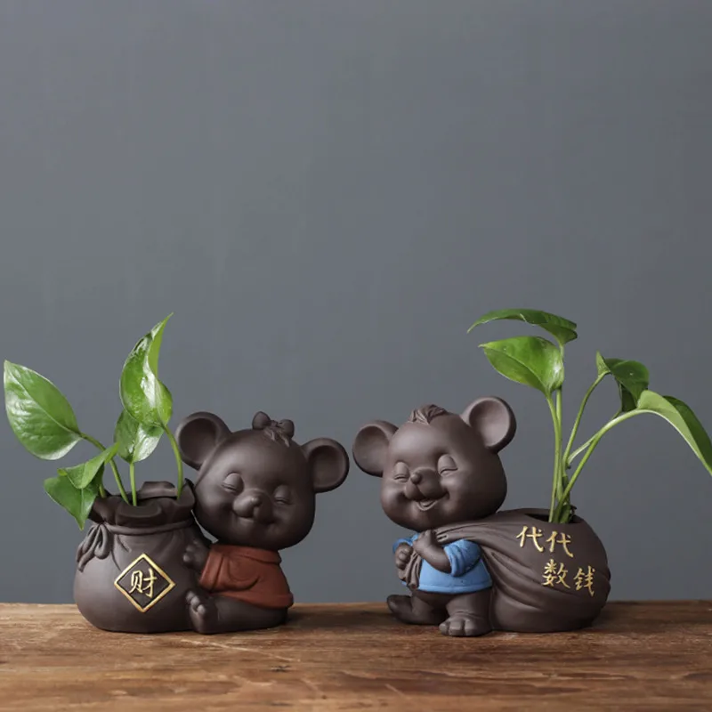 1PCS Handmade Purple Clay Tea Pet Lucky Fortune Rat Statue Flower Pot Hydroponic Plant Ornaments Home Tea Decoration Accessories