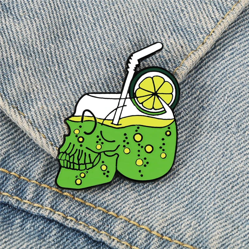 Summer Drink Lemon Juice Skull Enamel Pins Punk Skeleton Brooch Bag Clothes Lapel Pin Gothic Badge Holiday Party Jewelry Gift