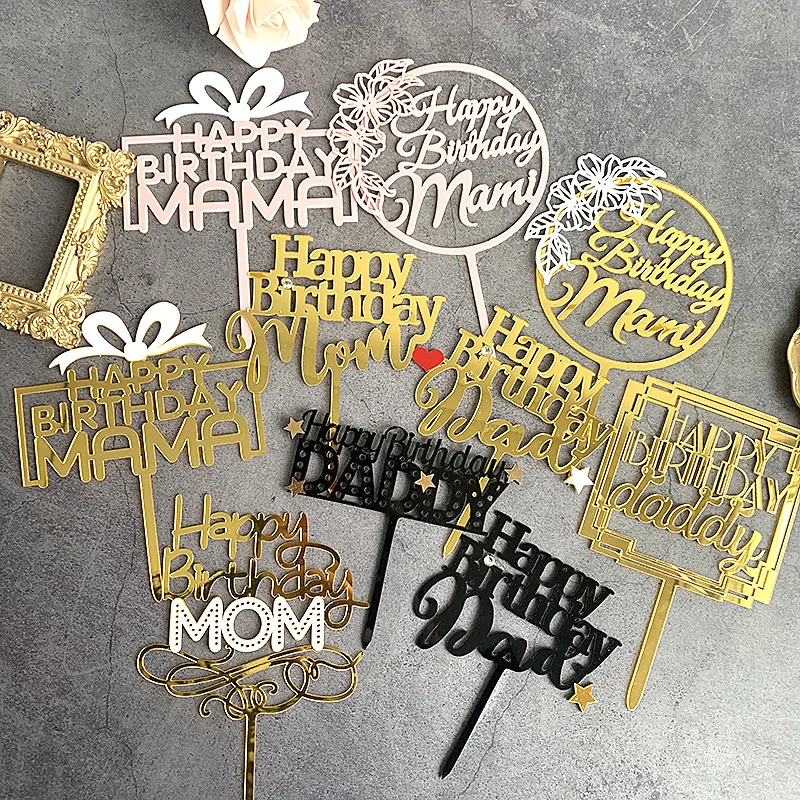 New Mother Father Happy Birthday Cake Topper Gold Mama Acrylic Cake Topper Flags For Mom Daddy Birthday Party Cake Decorations