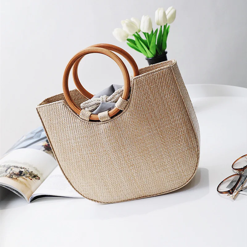 

2024 Summer Circle Wooden Handle Knitted Handbag Straw Bags For Women Tote bag Rattan Crossbody bag Beach Hand Bag Bolso