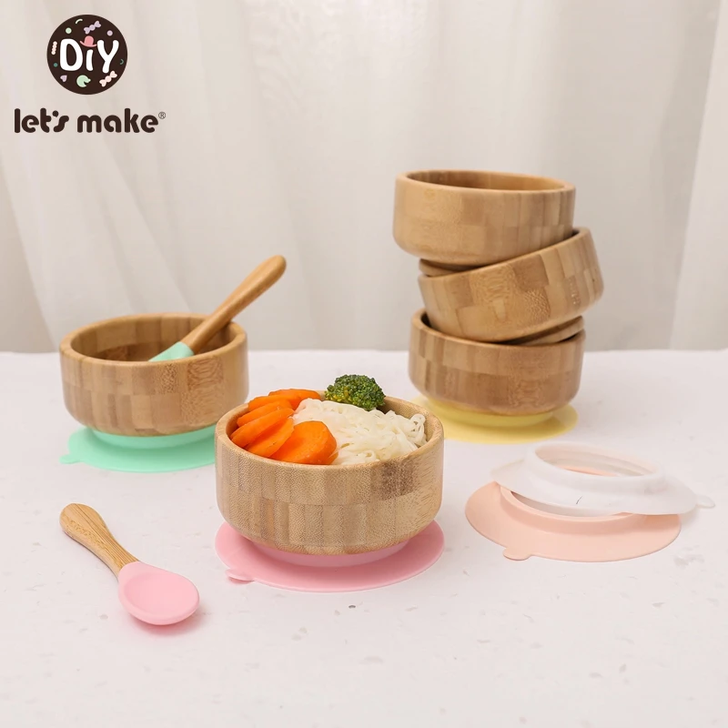 Let's Make 2 Pc/Set Baby Feeding Bowl Bamboo Spoon Set Kids Learning Tableware Toddler Training Suction Bowl Infant Dinnerware