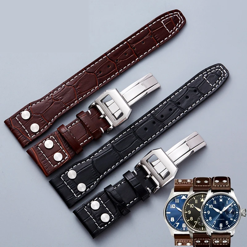 Watchband For I-WC Pilot Mark series genuine leather strap accessories male rivet cow leather  wristband 22mm black brown bands