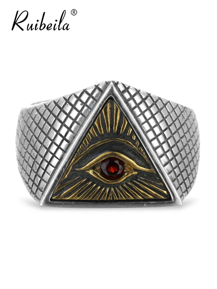 

Ruibeila rétro pyramide oeil de Dieu bague ouverte tendance des hommes 925 bague de taille réglable en argent Sterling