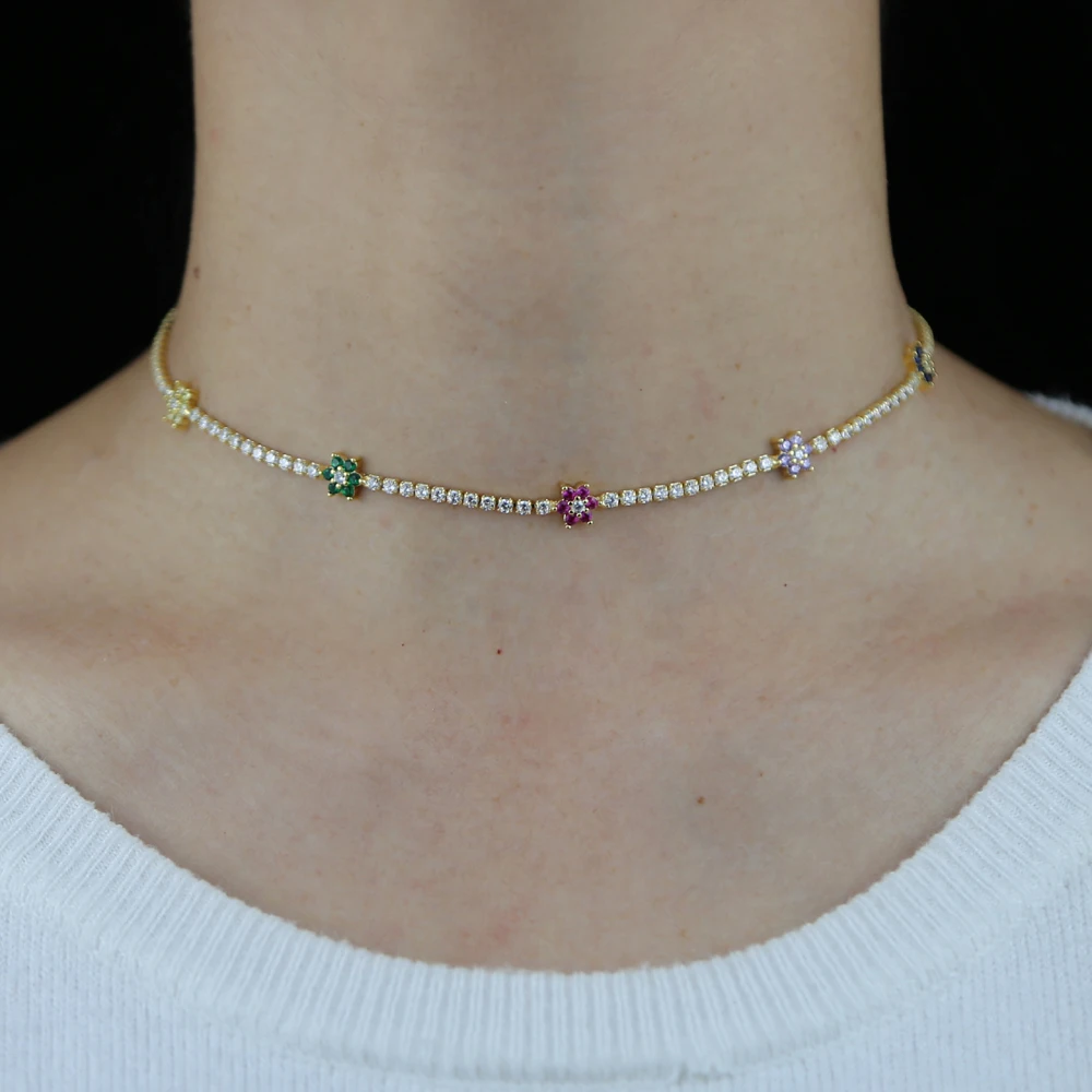 2025 Spring Colorful Rainbow Cubic Zirconia CZ Flower Charm Thin CZ Tennis Chain 32+10CM Fashion Women Choker Necklace